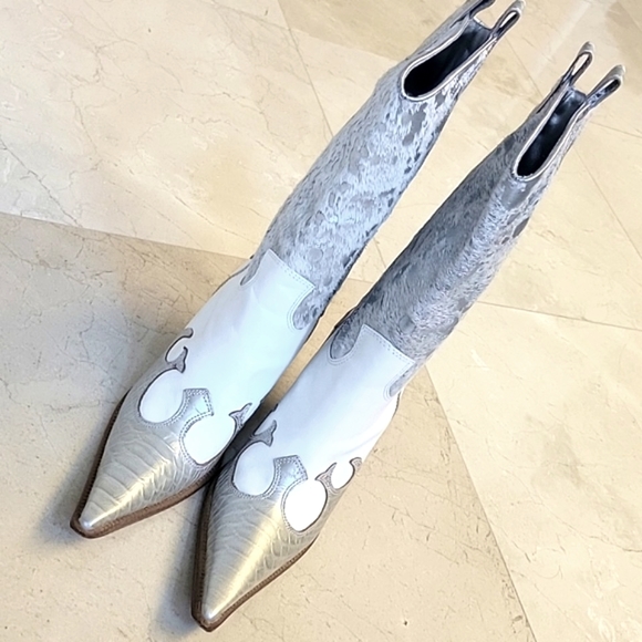 PARA RAIO Genuine Leather Western Silver & White Cowgirl Boots, Sz 9 - Picture 3 of 16